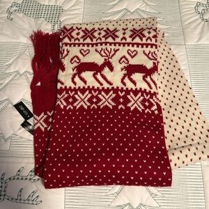 Rikka Red and Cream Festive Knit Scarf with Reindeer Pattern-48”x9” -NWT